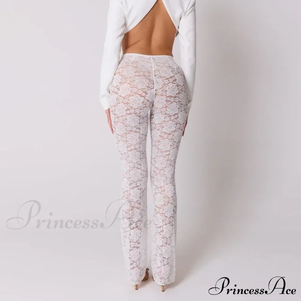 High Waist Stylish Sheer Lace Pants Ankle Length