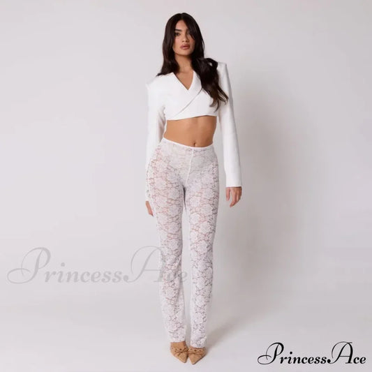 High Waist Stylish Sheer Lace Pants Ankle Length