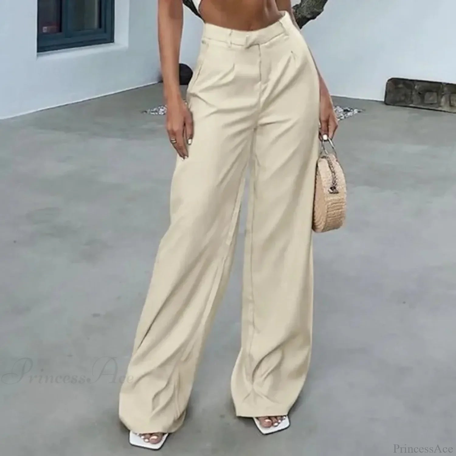 High Waist Tie Side Pleated Pants Beige / S