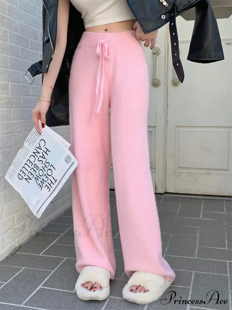 High Waist Wide Leg Satin Casual Ice Silk Straight Drawstring Slim Pants