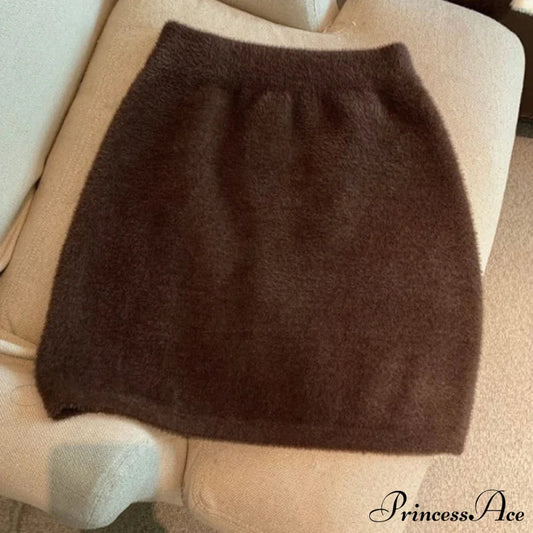 High Waist Wrap Hip Furry Elegant Wild Woolen Autumn Winter Mini Skirt Brown / One Size