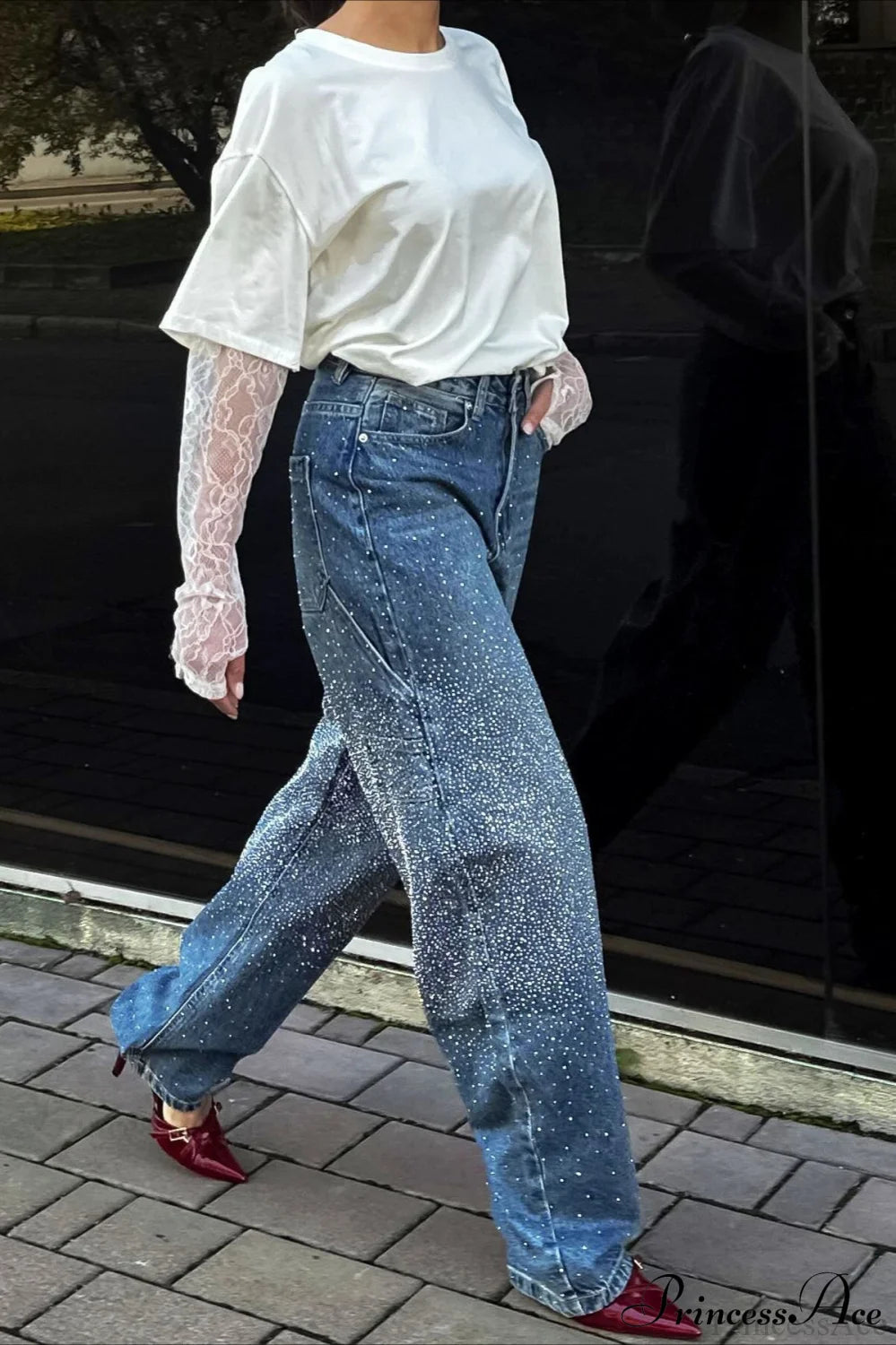 High Waisted Allover Rhinestone Straight Leg Jeans