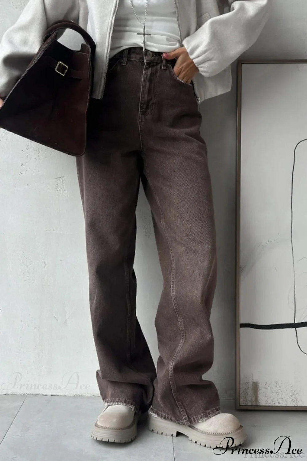 High Waisted Brown Straight Leg Jeans Brown / S