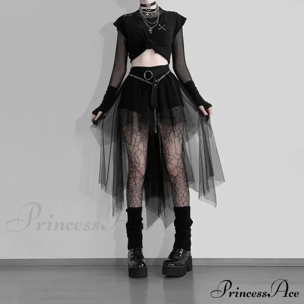 High Waisted Irregular Net Yarn Summer Gothic Casual Sexy Clothes Skirt Halloween