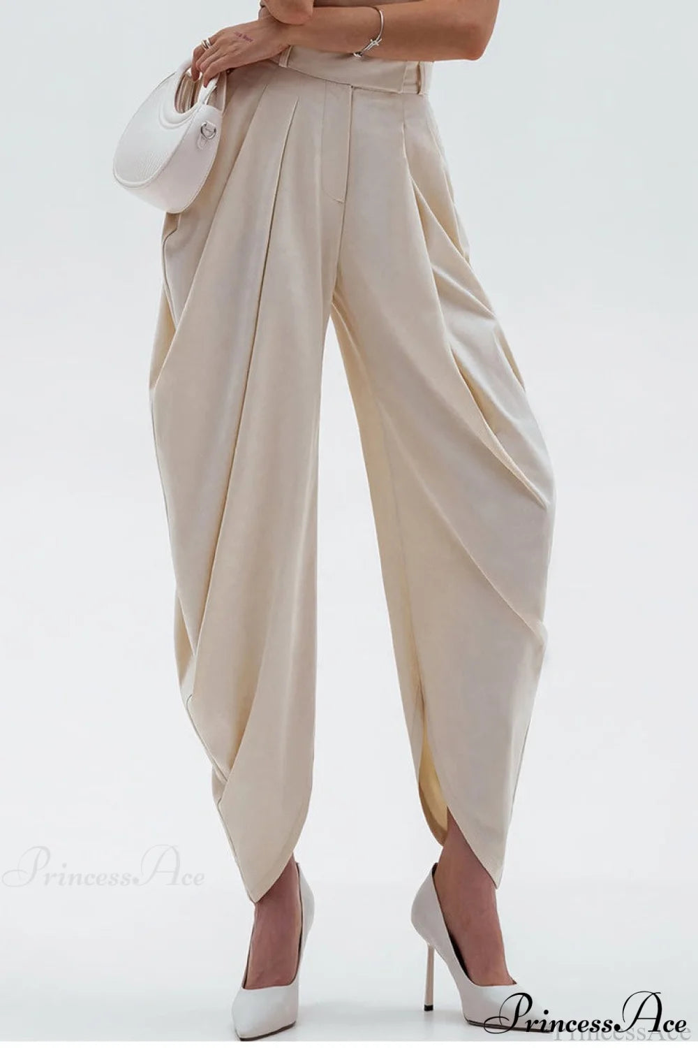 High-Waisted Loose Drapey Ruched Pants Apricot / XS