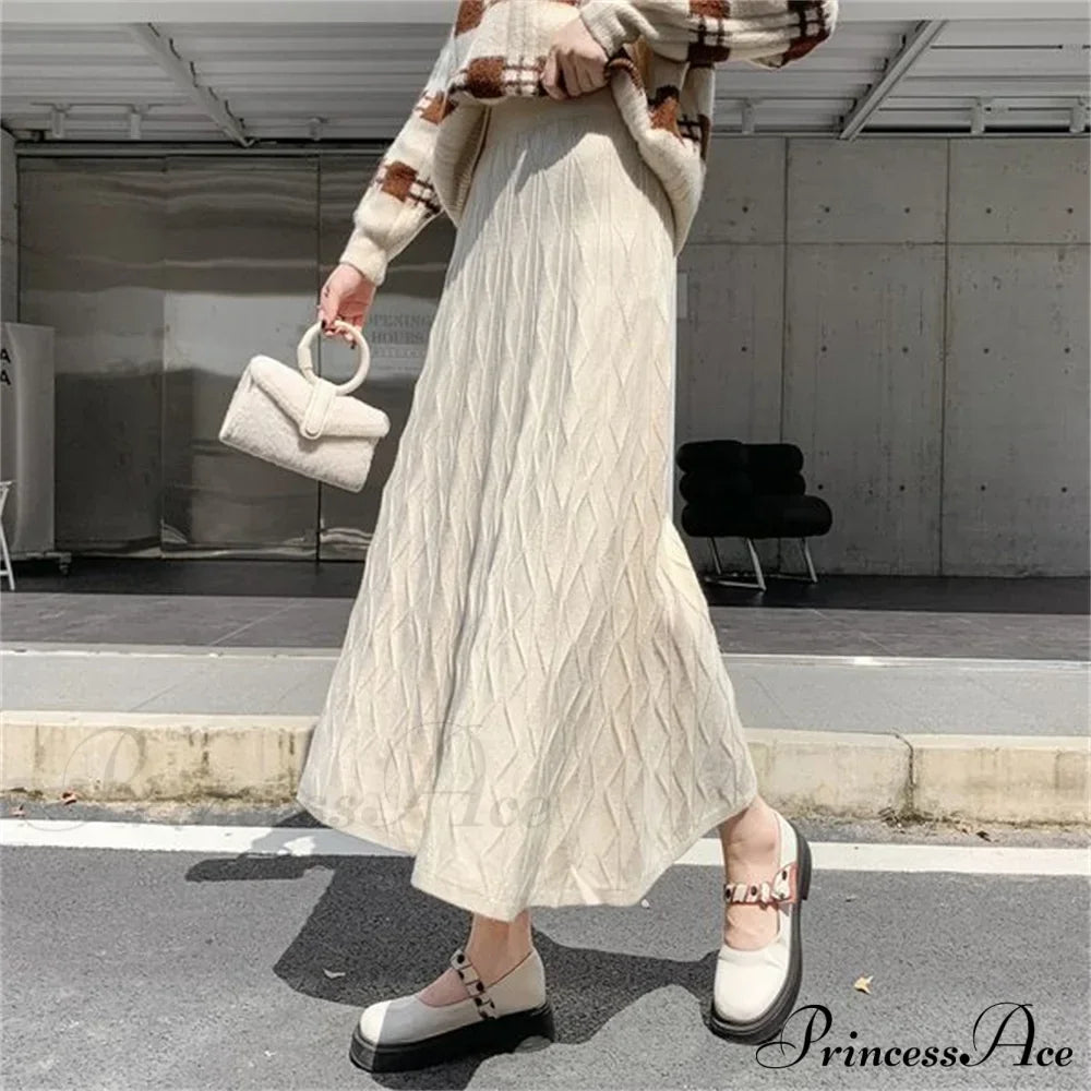 High Waisted Slim Knitted A-Line Woolen Autumn Winter Fashionable Umbrella Skirt Apricot / S