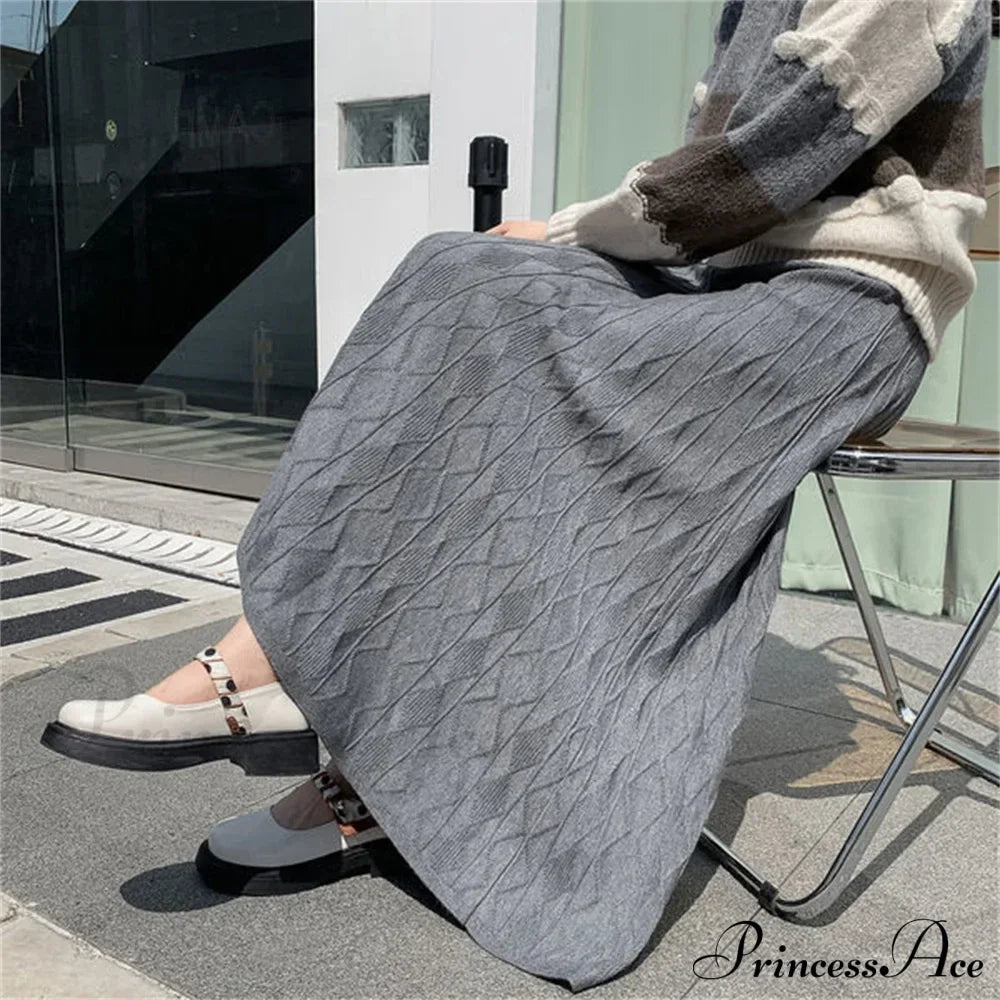 High Waisted Slim Knitted A-Line Woolen Autumn Winter Fashionable Umbrella Skirt Dark Grey / S