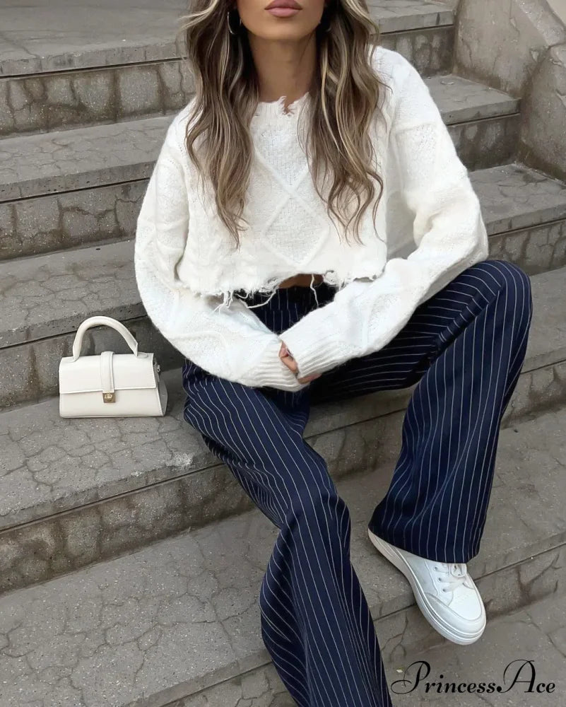 High Waisted Straight Leg Wide Navy Striped Casual Pants