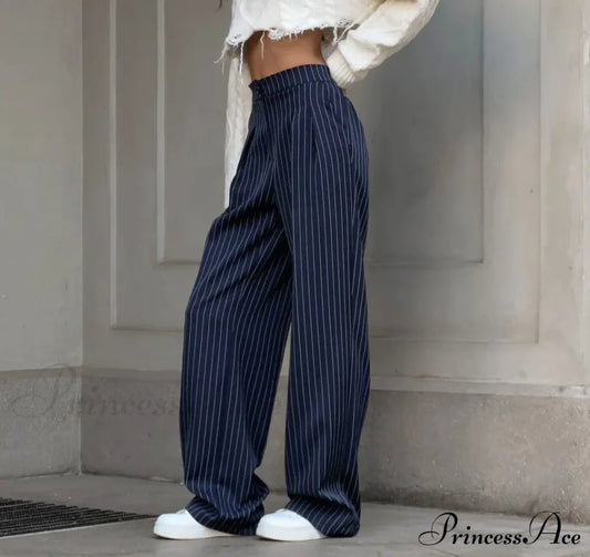 High Waisted Straight Leg Wide Navy Striped Casual Pants