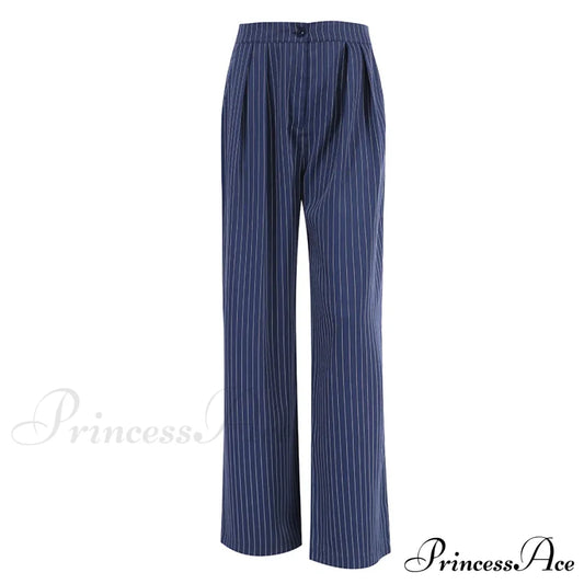 High Waisted Straight Leg Wide Navy Striped Casual Pants Blue / S