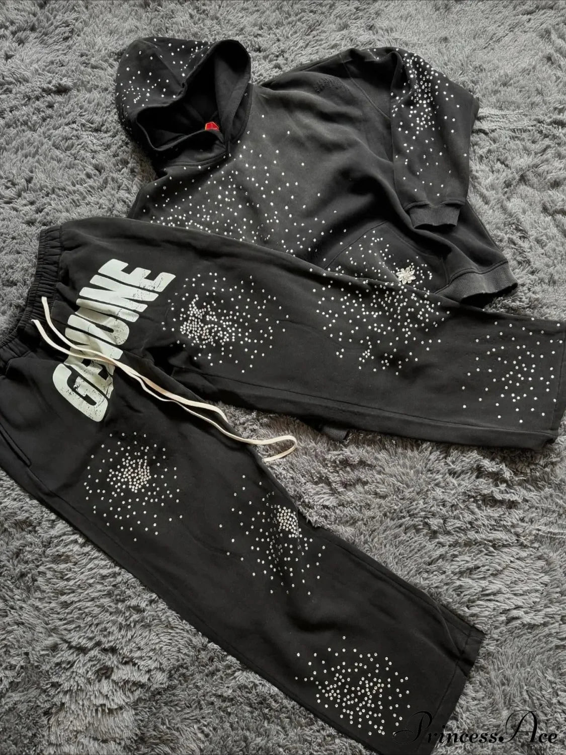 Hip Hop Cross Oversized Rhinestone Zip Up Hoodie Pants / S