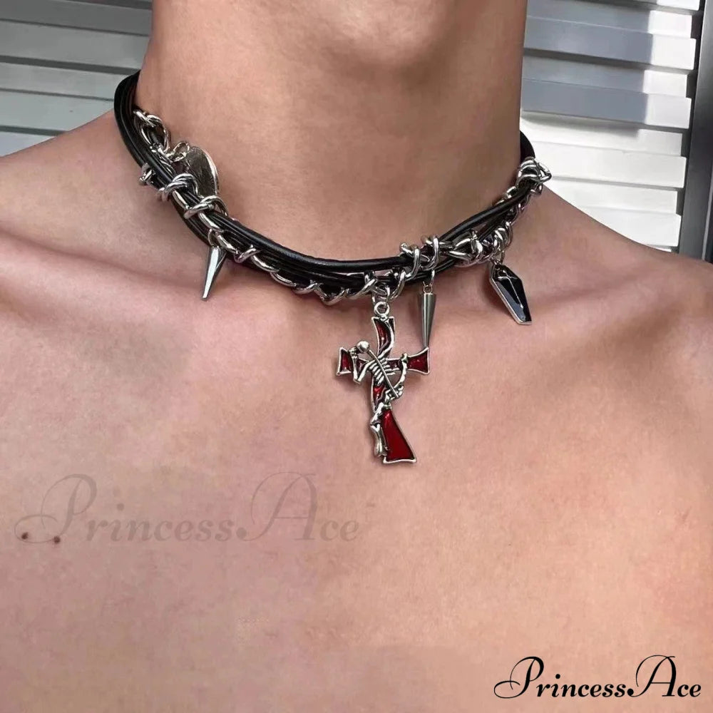 Hip-Hop Dark Cross Rivet Triple Leather Necklace Black Halloween