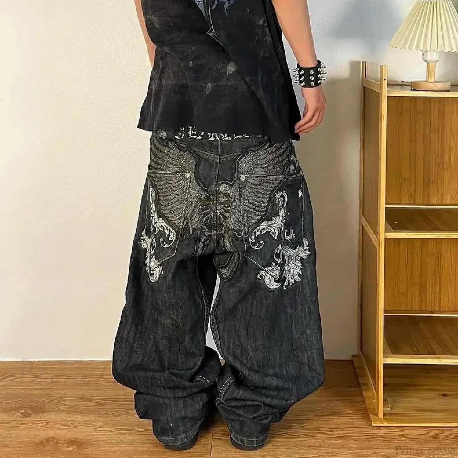 Hip Hop Eerie Rebellious Embroidery Denim Pant black2 / S