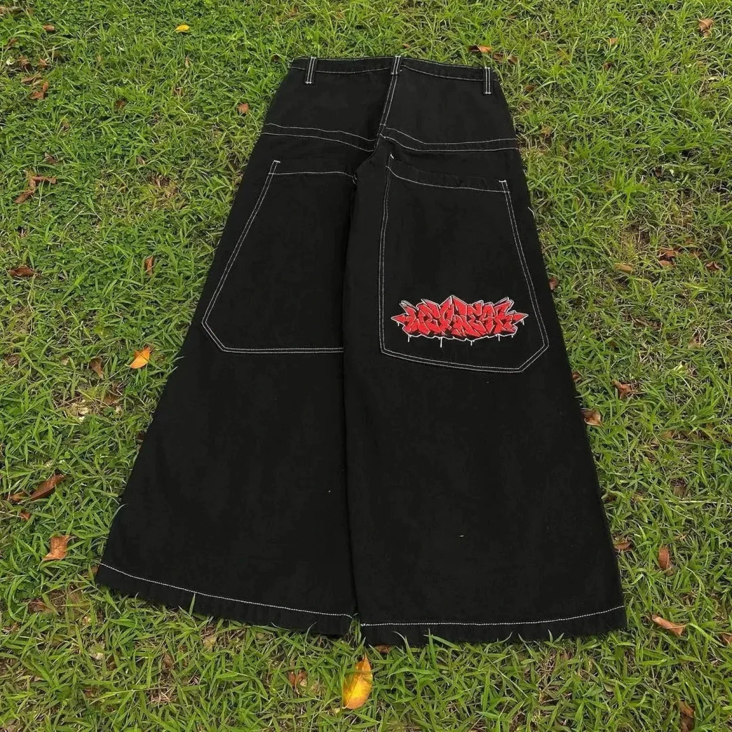 Hip Hop Eerie Rebellious Embroidery Denim Pant black3 / S