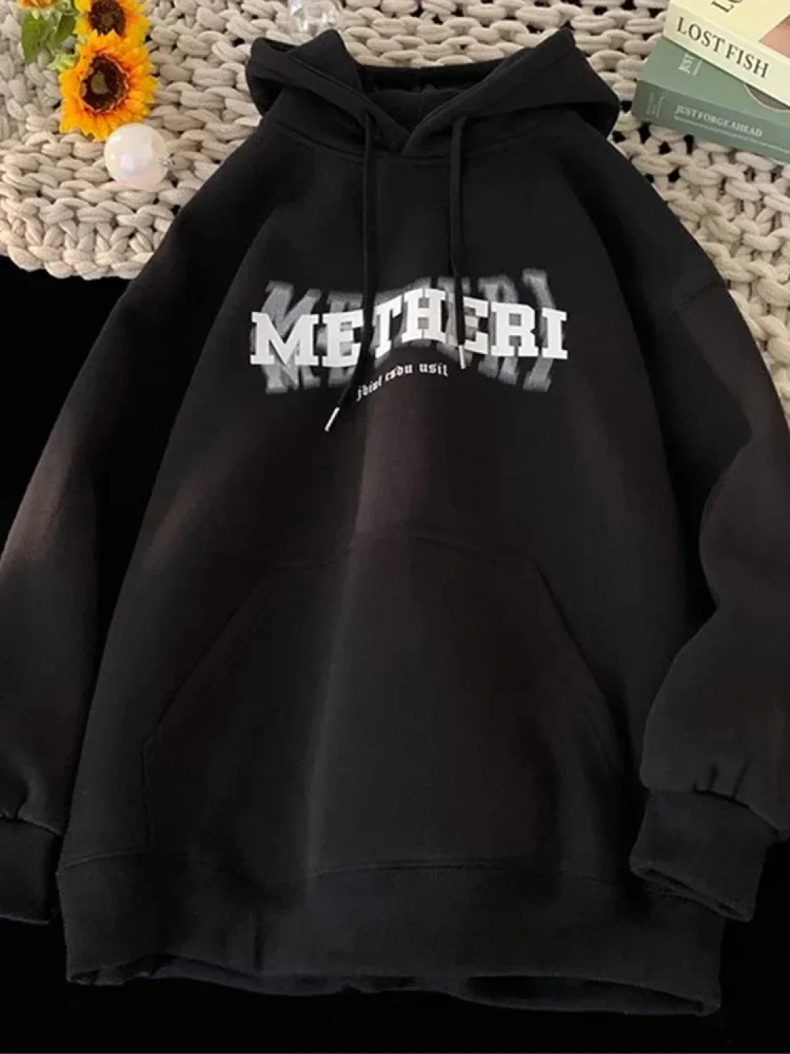 Hip Hop Letter Print Cotton Fleece Hoodie Black / M(40-45KG)