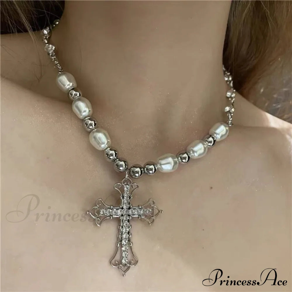 Hip-Hop Retro Pearl Punk Dark Gothic Cross Pendant Necklace Halloween