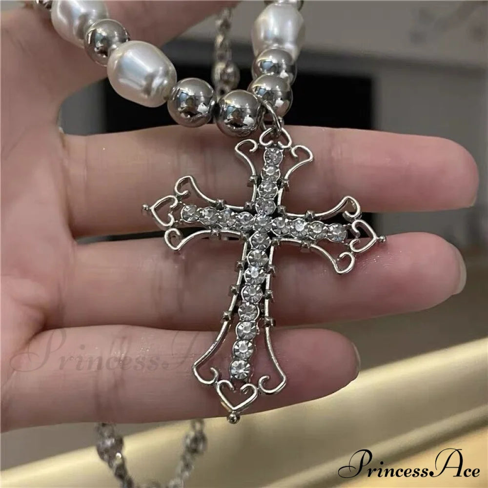 Hip-Hop Retro Pearl Punk Dark Gothic Cross Pendant Necklace Halloween