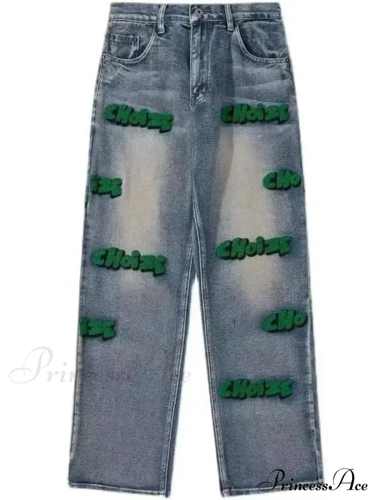 Hiphop Flocking Autumn Wide-Leg Embroidery Fashion High Street Style Pants Jean