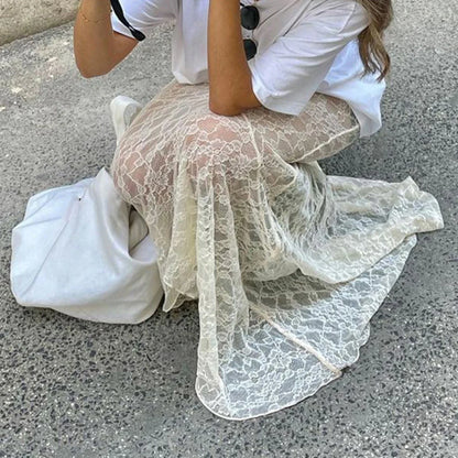 Slim Lace Trumpet See Through Sexy Maxi Skirt