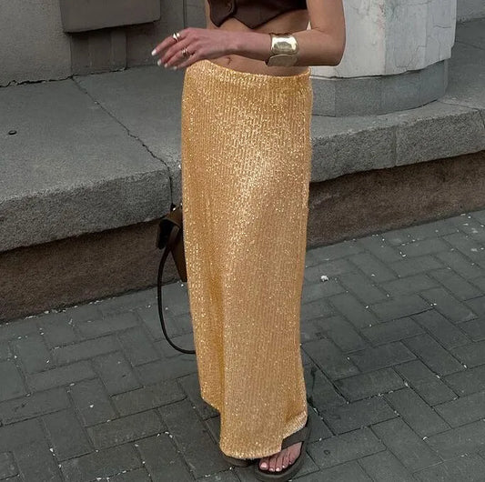 Khaki Sequins Long High Waist Slit Skirt