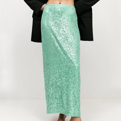 Khaki Sequins Long High Waist Slit Skirt