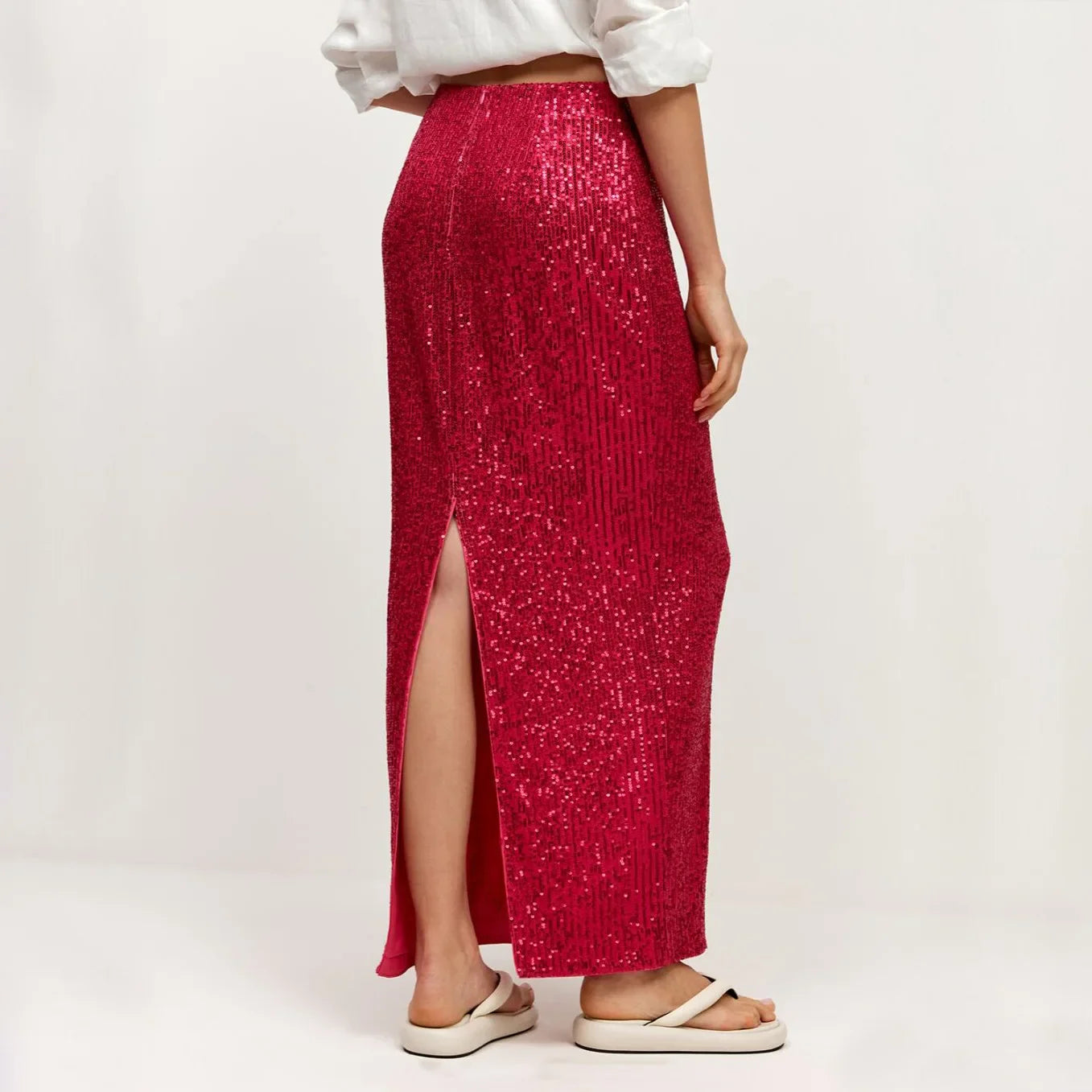 Khaki Sequins Long High Waist Slit Skirt