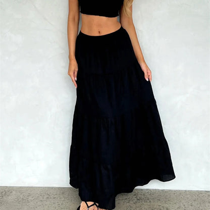 Ruffle Elastic High Waist Maxi Tiered Prairie Skirt