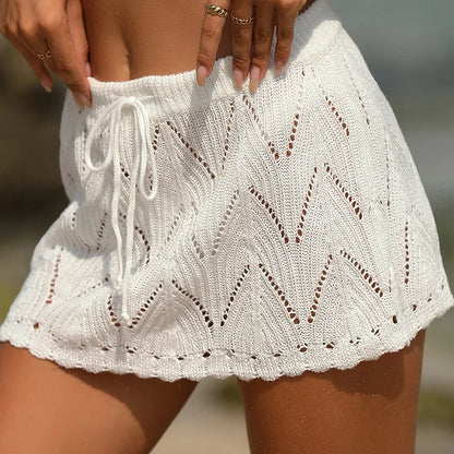 Crochet Waist Knitted Mini Beach Drawstring Cover Up Skirt