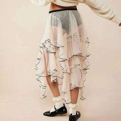 Layered Ruffled Mesh Sheer High Waist Lace Midi Skirt