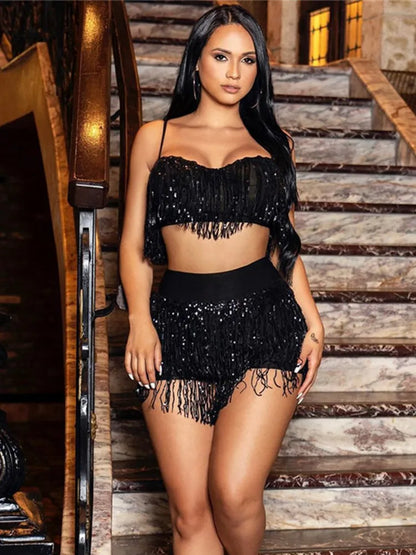 Glitter Sequin 2 Piece Outfits Sleeveless Camisole Top Tassel Bodycon Sets Short