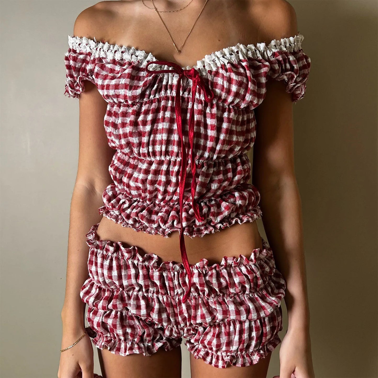 Women 2 Piece Matching Set Ruffle Off Shoulder Smocked Tops and Bloomers Coquette Pajamas Short