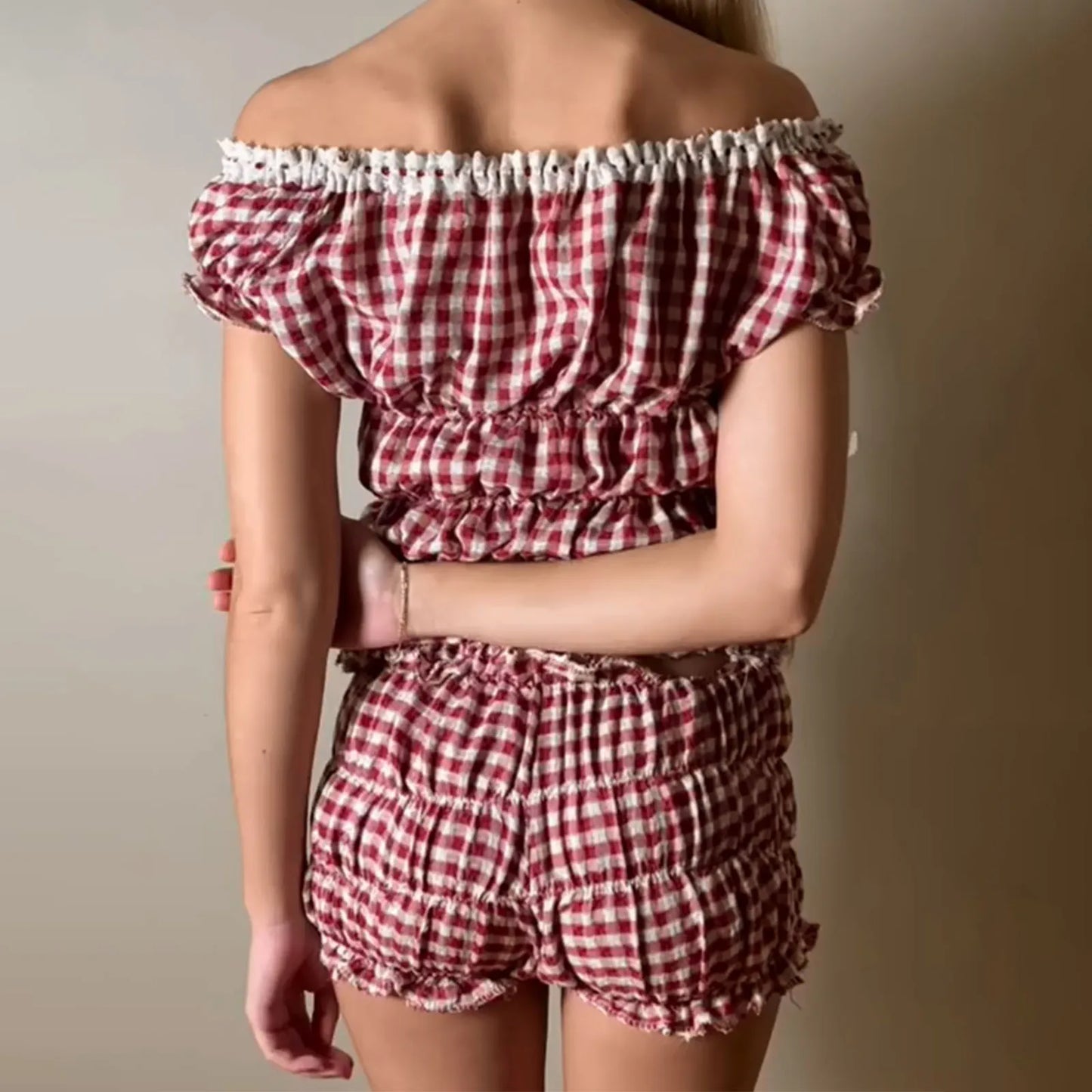 Women 2 Piece Matching Set Ruffle Off Shoulder Smocked Tops and Bloomers Coquette Pajamas Short