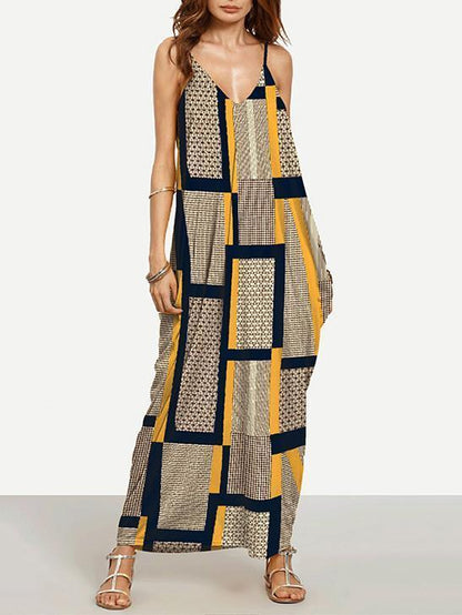 Summer Yellow Plaid Spaghetti Straps V Neck Maxi Dress