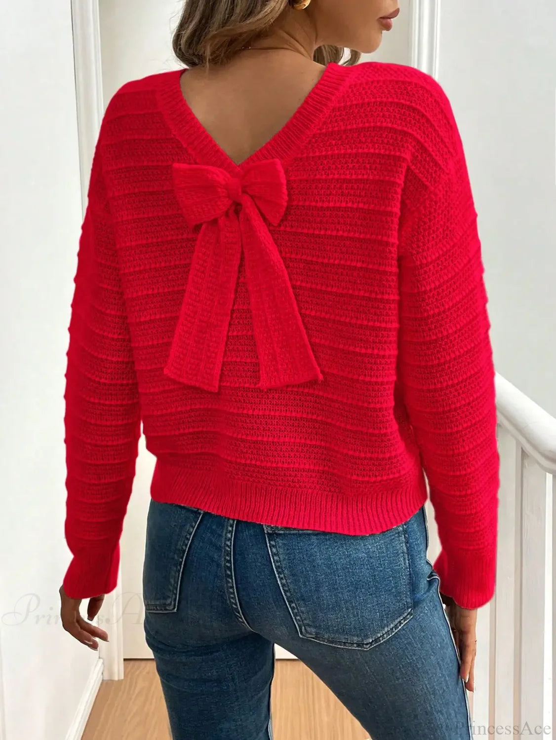 Hollow Bow Striped Long Sleeve Sweater Red / S