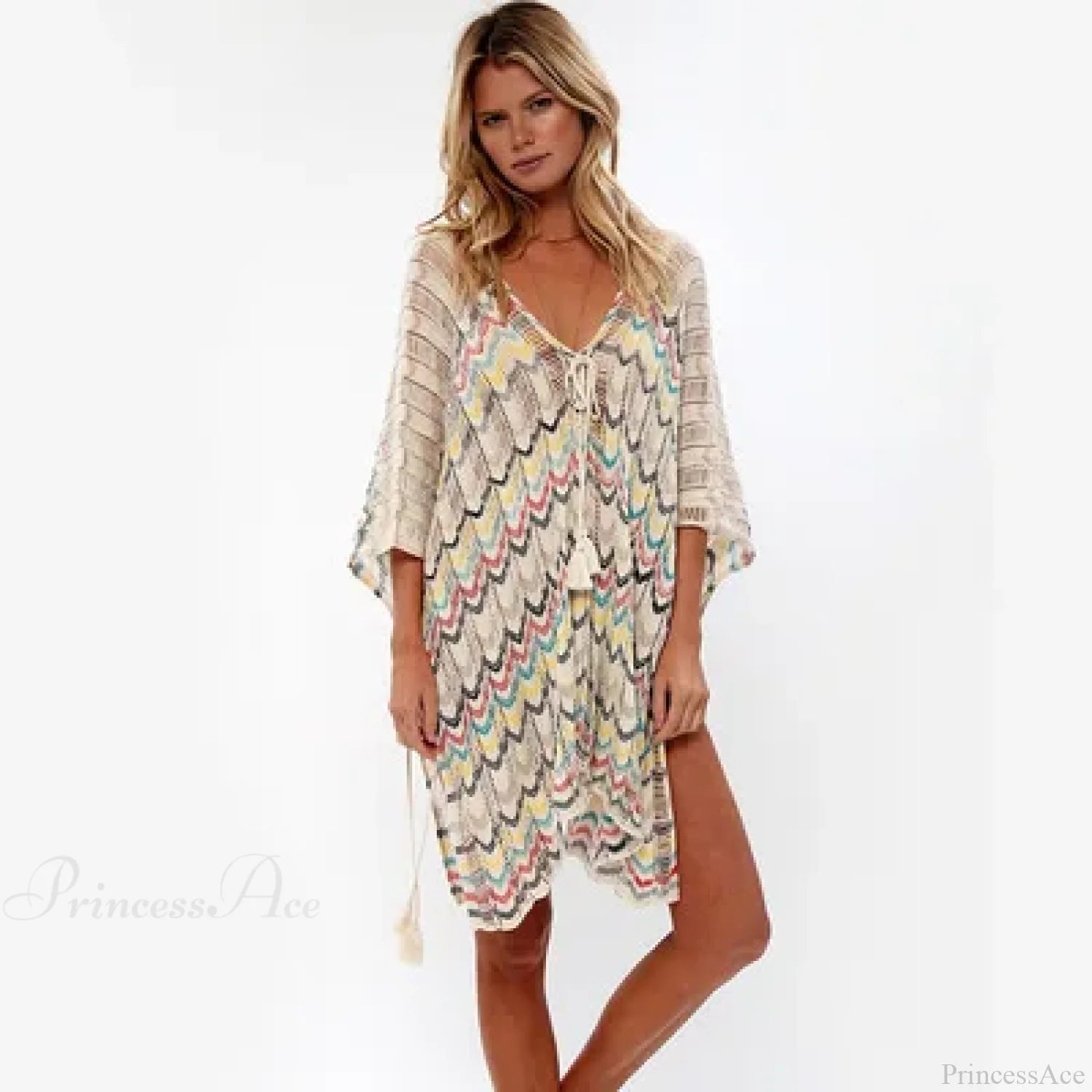 Hollow Deep V-neck Lace Boho Mini Dress Cover up Beige / One Size bohocoverup-250126