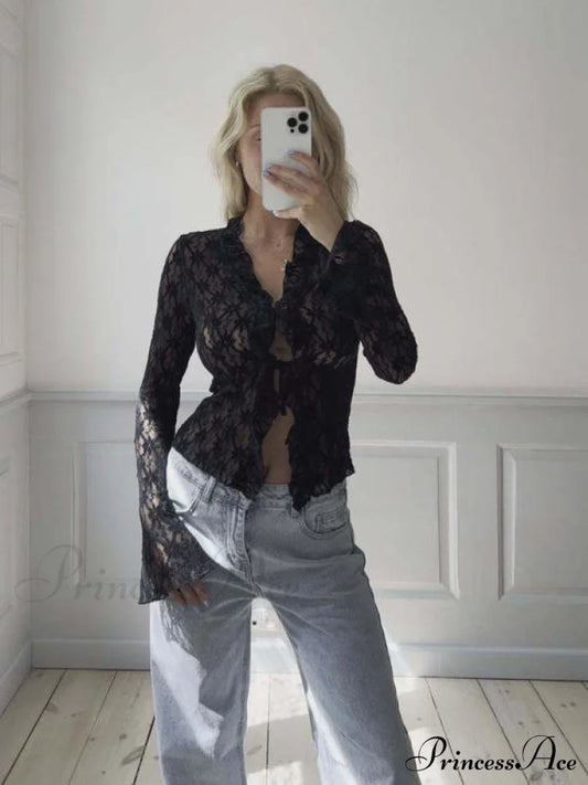 Women's Fashionable womens top, slim solid color mesh hollow see-through lace long-sleeved Top/cardigan/Blouse Black clothes long sleeve shirts long sleeve top shirt shirts tops