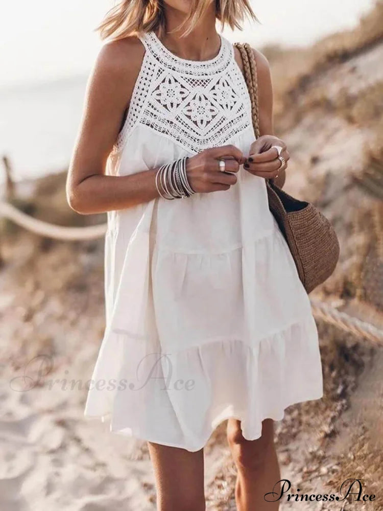 Hollow Lace Patchwork Charming Halterneck A-Line Mini Dress White / S Dresses