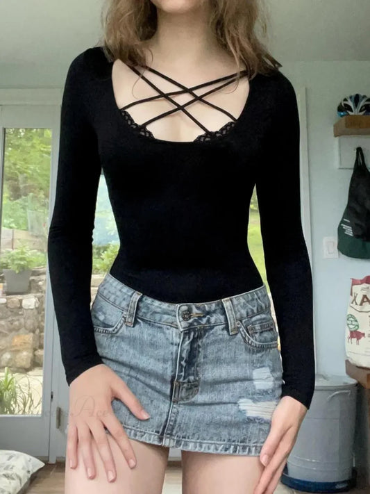 Hollow Lace Sleeve Knit Top Black / S