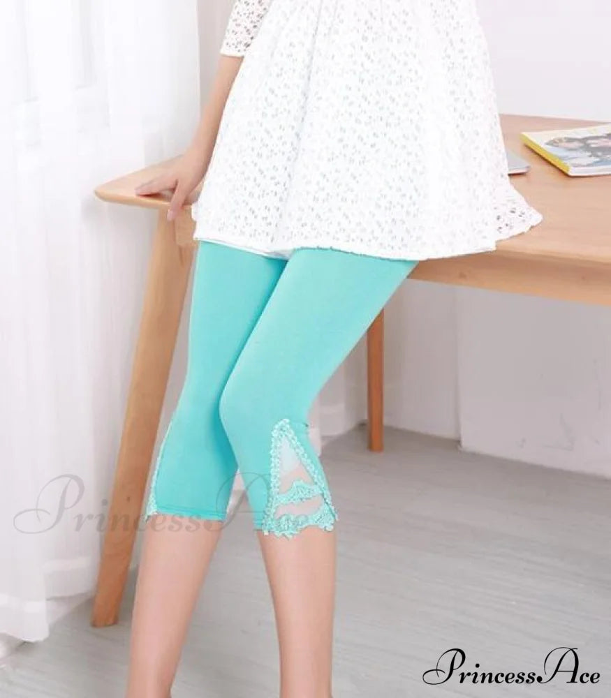 Hollow Lace Stretch Leggings Blue / S