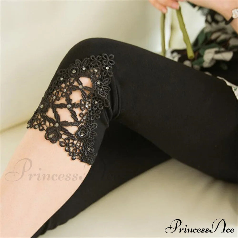 Hollow Lace Stretch Leggings Diamond Black / S