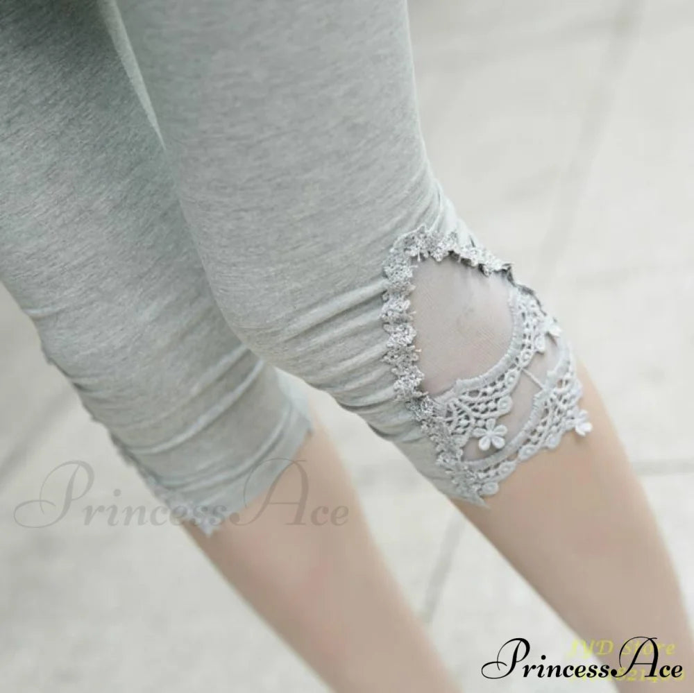 Hollow Lace Stretch Leggings Gray / S