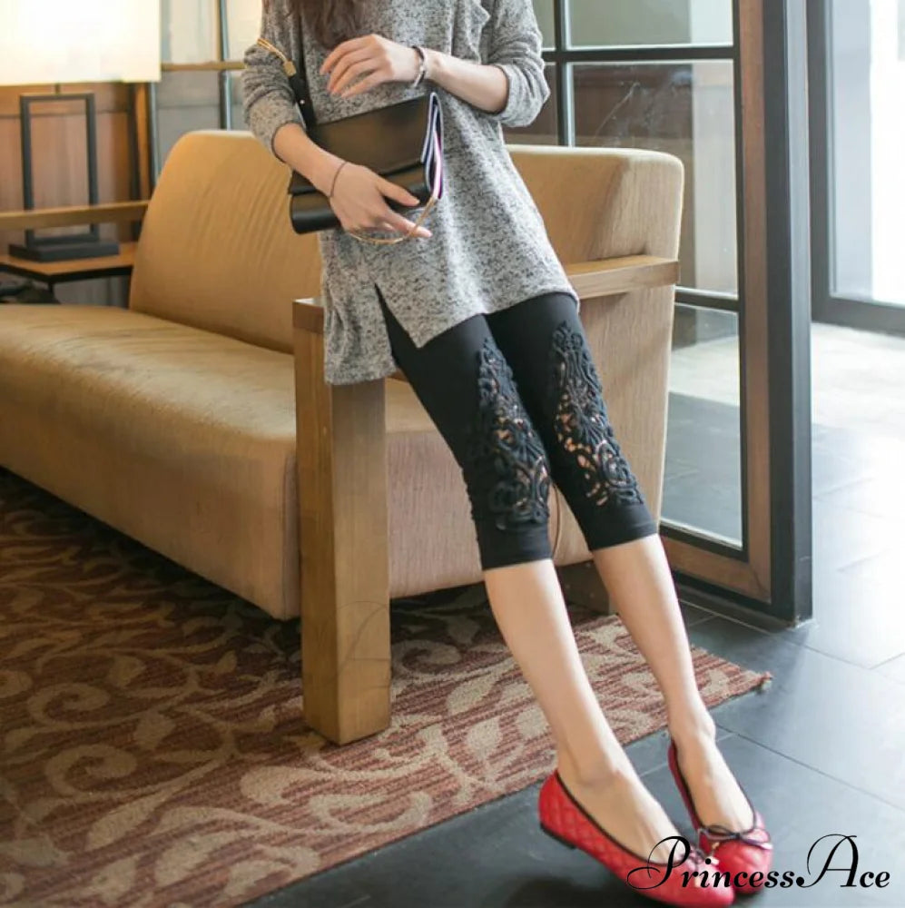 Hollow Lace Stretch Leggings Out Black / S