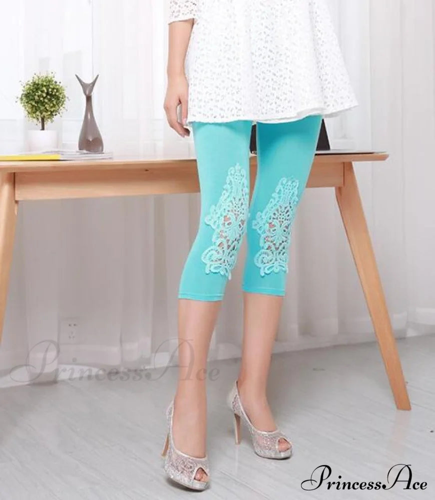 Hollow Lace Stretch Leggings Out Blue / S