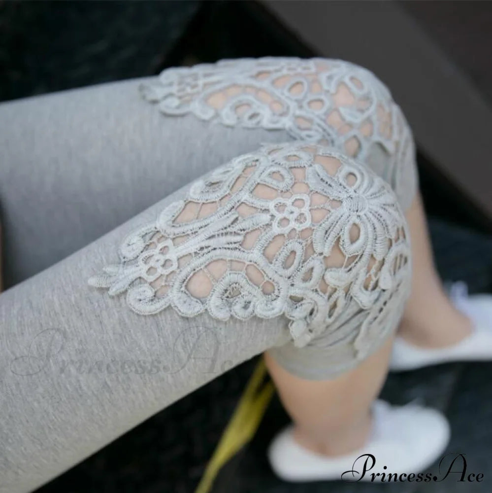 Hollow Lace Stretch Leggings Out Gray / S