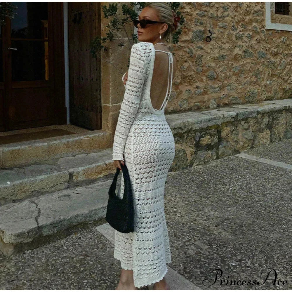 Hollow Out Backless Knitted Fashion Long Sleeve Lace Up Mix Midi Dress White / S