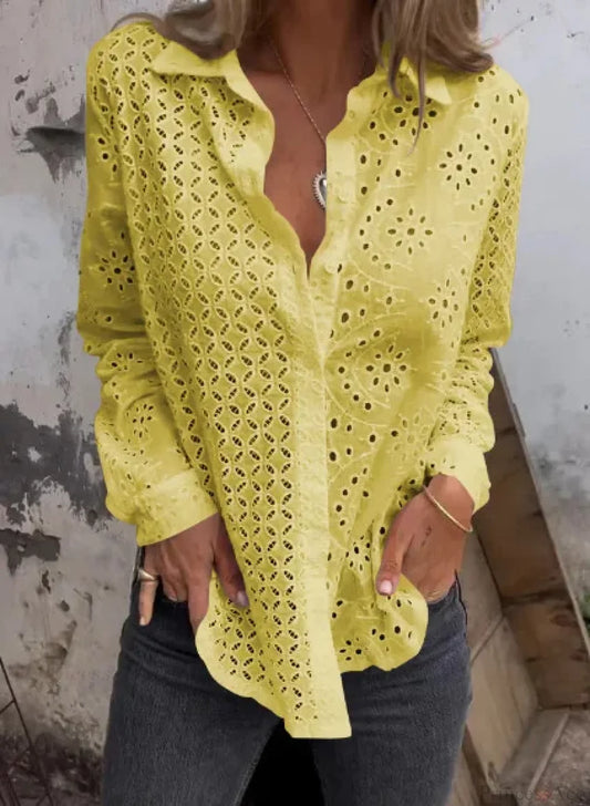 Hollow Out Cotton Floral Embroidery Long Sleeve Boho Blouse Yellow / S bohoblouse-250126