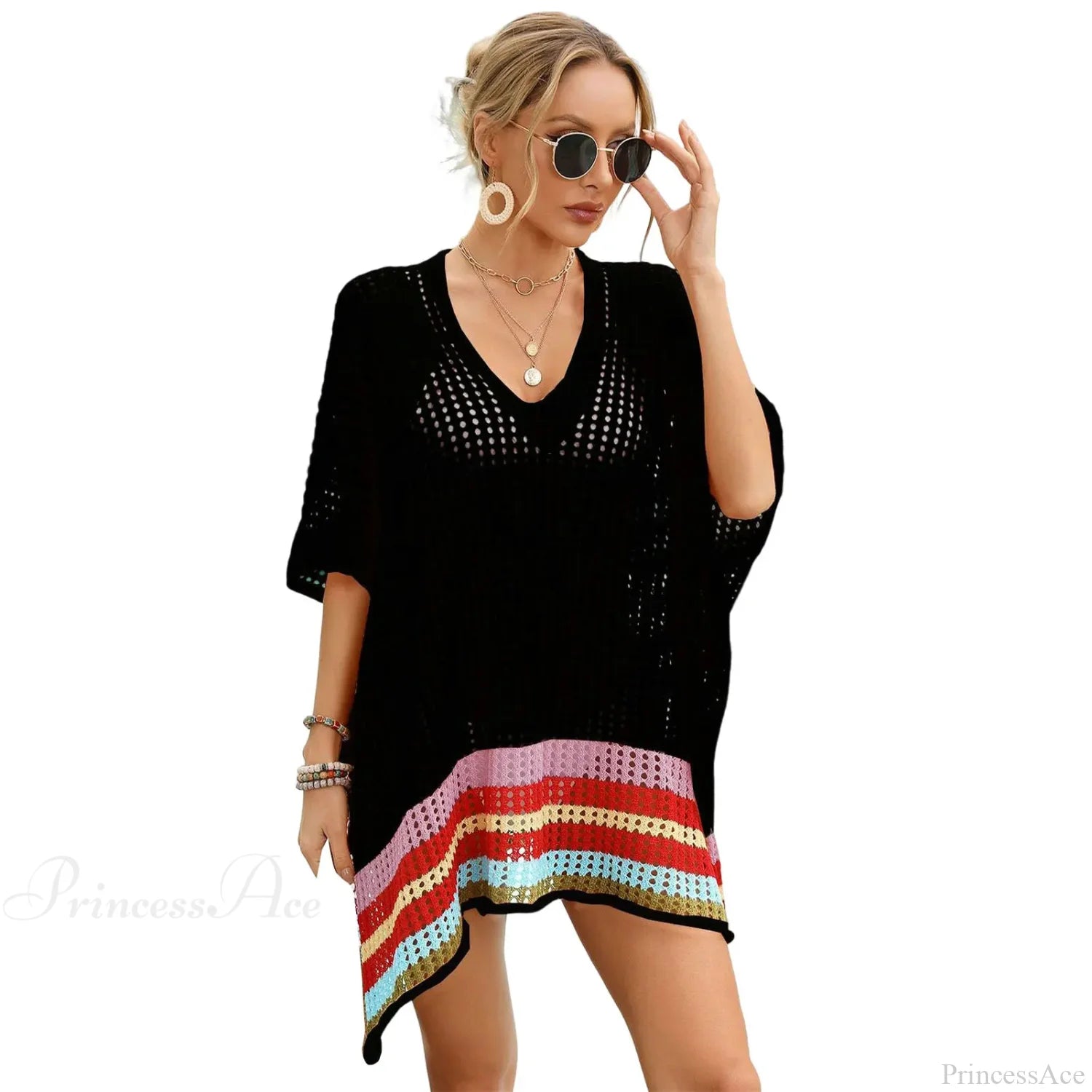Hollow Out Crochet Bikini Cover Up C-Black / One Size