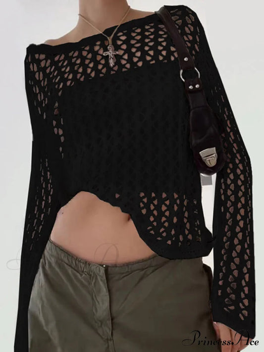 Hollow Out Crochet Trendy Knitted Crop Top Black / S Knits