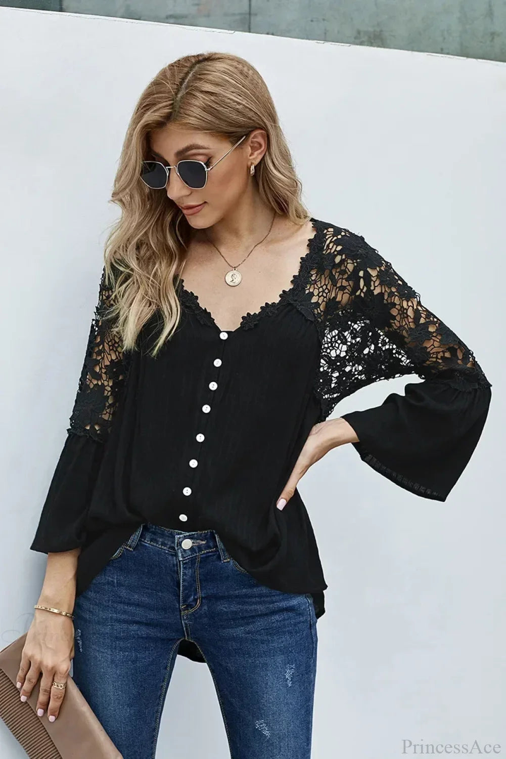 Hollow Out Deep V-Neck Flare Sleeve Boho Blouse Black / S bohoblouse-250126