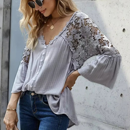 Hollow Out Deep V-Neck Flare Sleeve Boho Blouse bohoblouse-250126